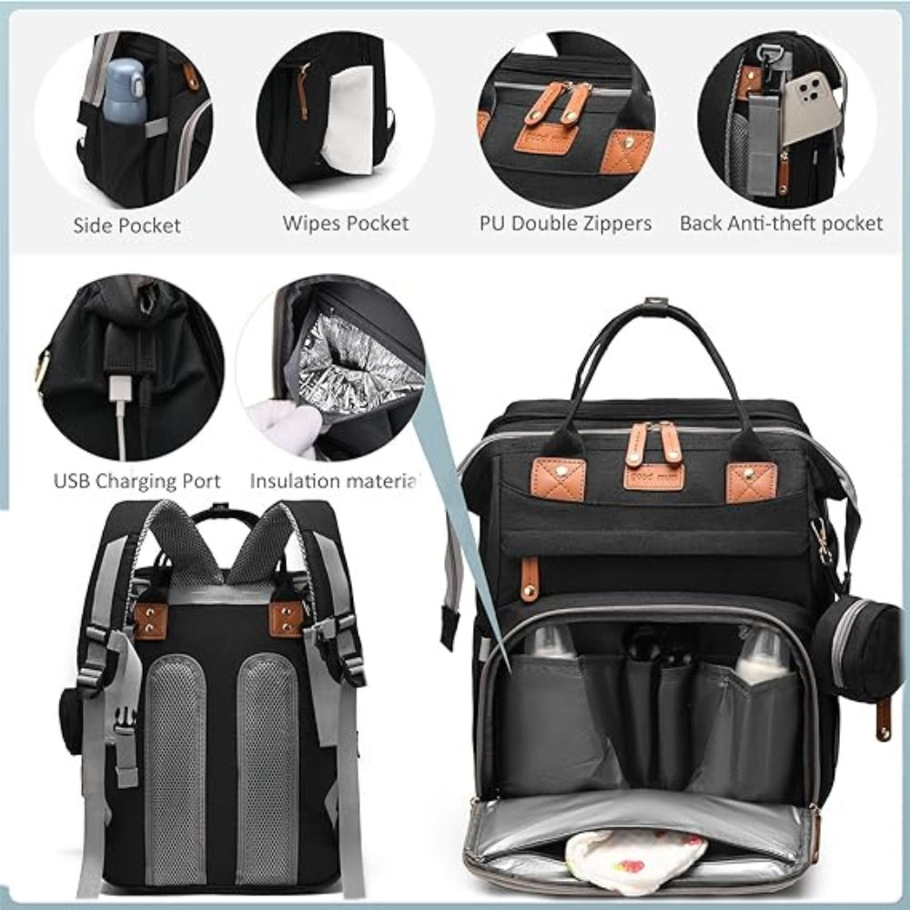 Wickelrucksack Schwarz mit Klappbett Moskitonetz USB Ladeanschluss Wasserdicht