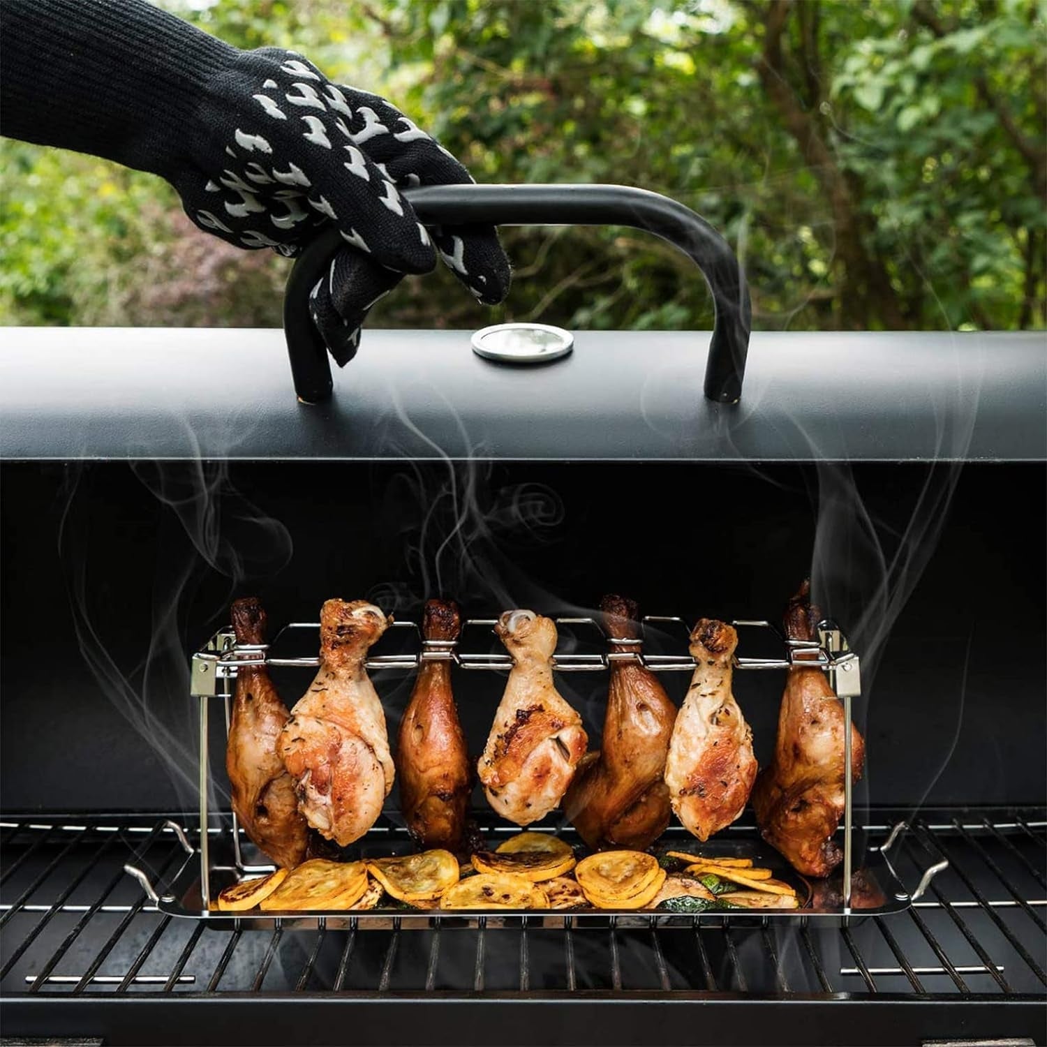 Hähnchenschenkel Halter aus Edelstahl für Backofen und Grill Platz für 14 Keulen inkl Auffangschale & Bürste Leicht zu Reinigen Platzsparend Faltbar