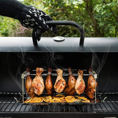 Hähnchenschenkel Halter aus Edelstahl für Backofen und Grill Platz für 14 Keulen inkl Auffangschale & Bürste Leicht zu Reinigen Platzsparend Faltbar