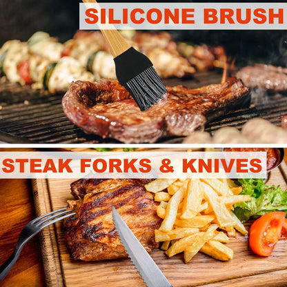Premium Grillzubehör Set mit Fleischthermometer 30Stück Edelstahl Bambuskoffer Braun Einzigartige Grillbesteck im Koffer Geschenke für Männer