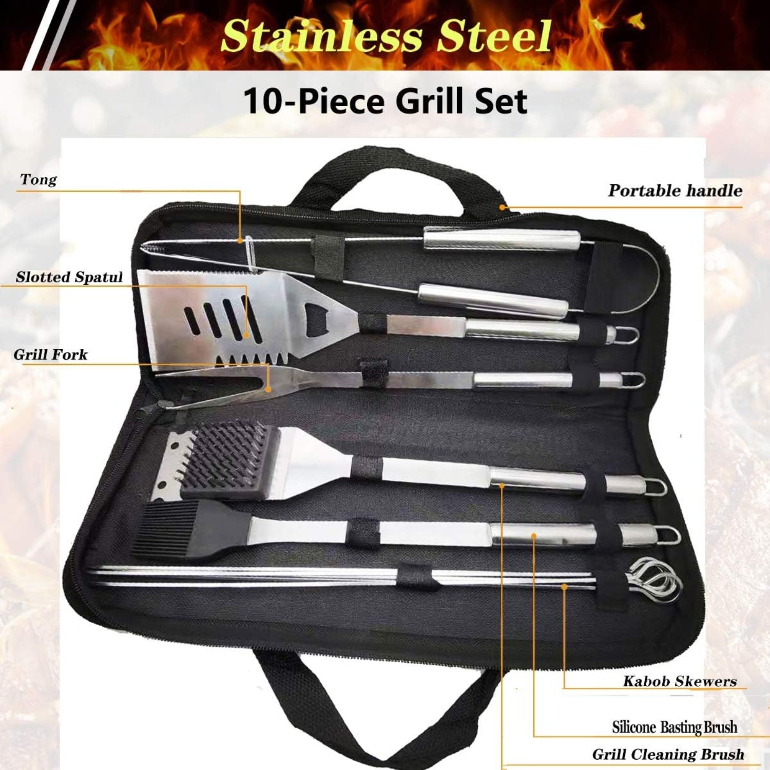 BBQ Grillbesteck Set 10Stk Edelstahl Professionelles Grillzubehör Geschenk für Männer inkl Grillwender Gabel Zange mit Tragetasche