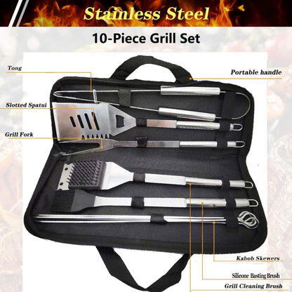 BBQ Grillbesteck Set 10Stk Edelstahl Professionelles Grillzubehör Geschenk für Männer inkl Grillwender Gabel Zange mit Tragetasche