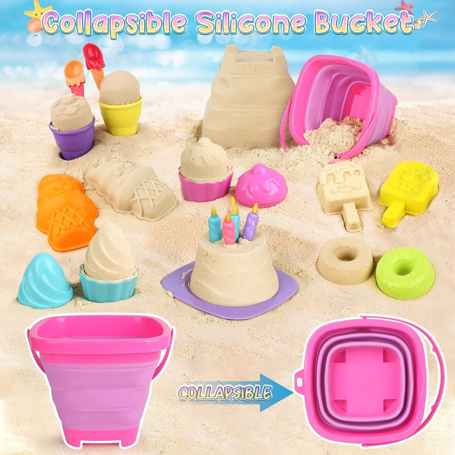 Sandkasten Spielzeug 46tlg Eis Mädchen Junge Set mit Schaufel Eimer Netzbeutel