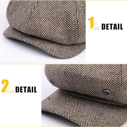 Herren Schiebermütze Flatcap Mütze Cap Fischgräten Tweed Newsboy Cap Fischgrät Braun Größe 56-59cm Verstellbar Ohrenklappe Material 70% Polyester 30%