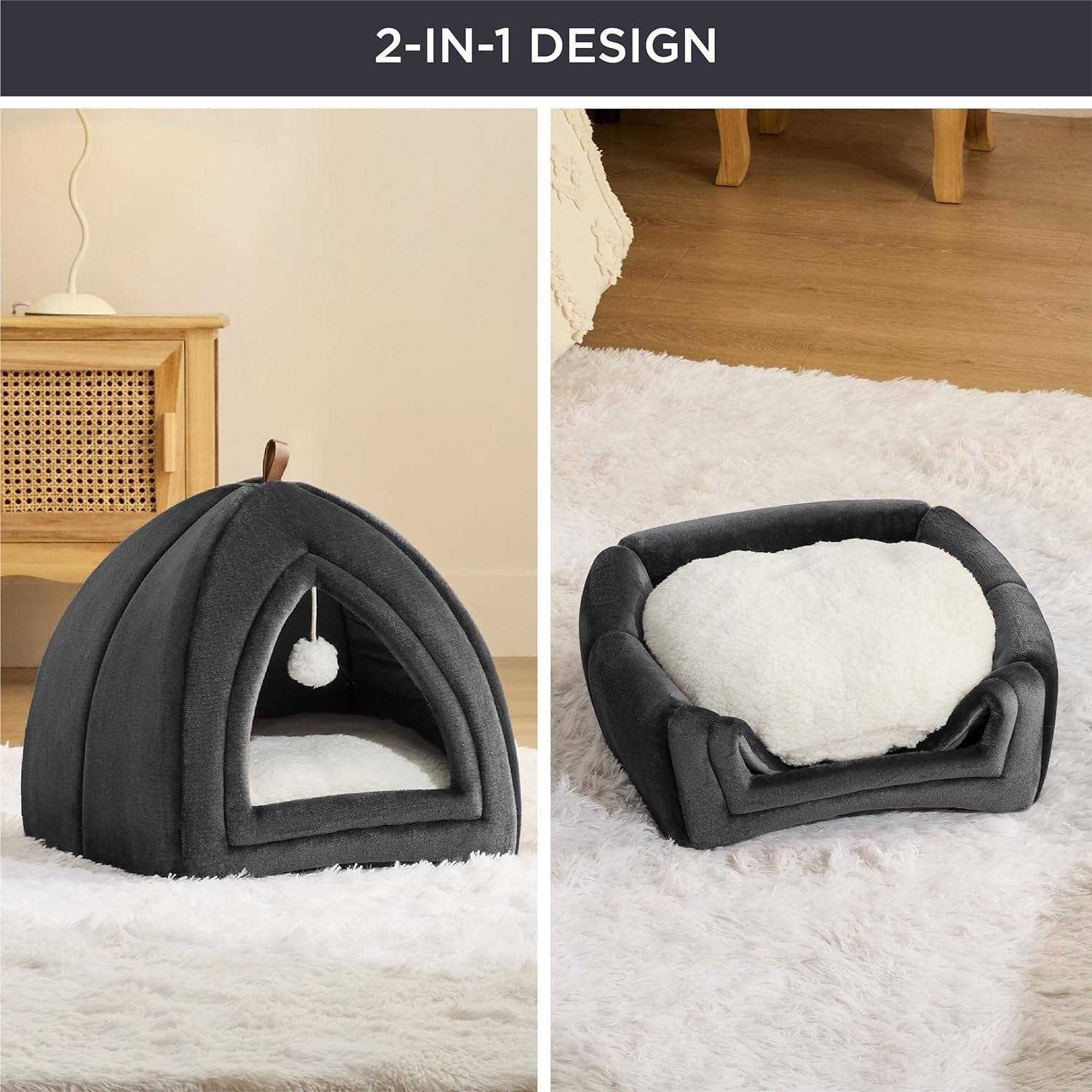 Katzenhöhle Katzenbett große Katzen Dunkelgrau Faltbare Katzenbett mit waschbarem Kissen Katzenzelt für Kätzchen 38x38x38cm