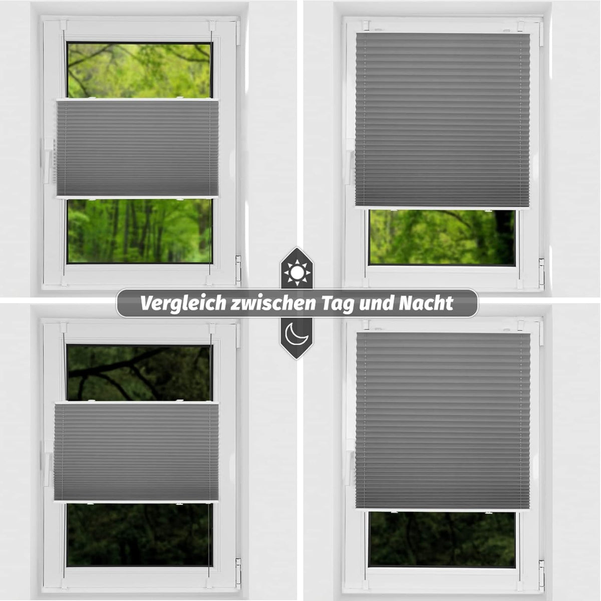 Premium Plissee ohne Bohren Plissee ohne Bohren Verdunkelung Klemmfix Grau 80x220cm Thermo Plissee 100% Verdunkelnd lichtundurchlässig Jalousie