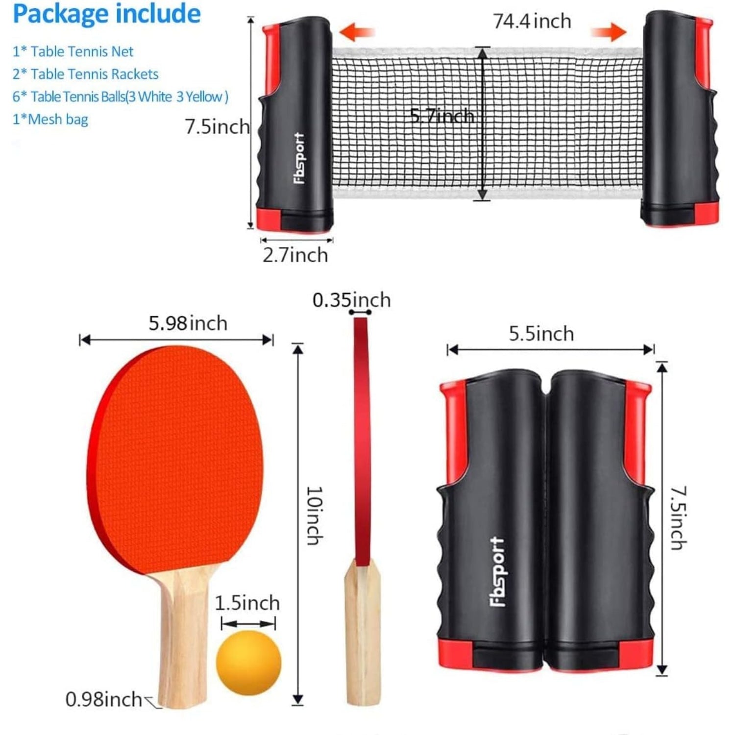 Tischtennisschläger Set mit Tischtennisnetz Tischtennis Set Profi 2 Schläger 6 Bälle Einziehbares Netz Tragetasche für Kinder Erwachsene Familien