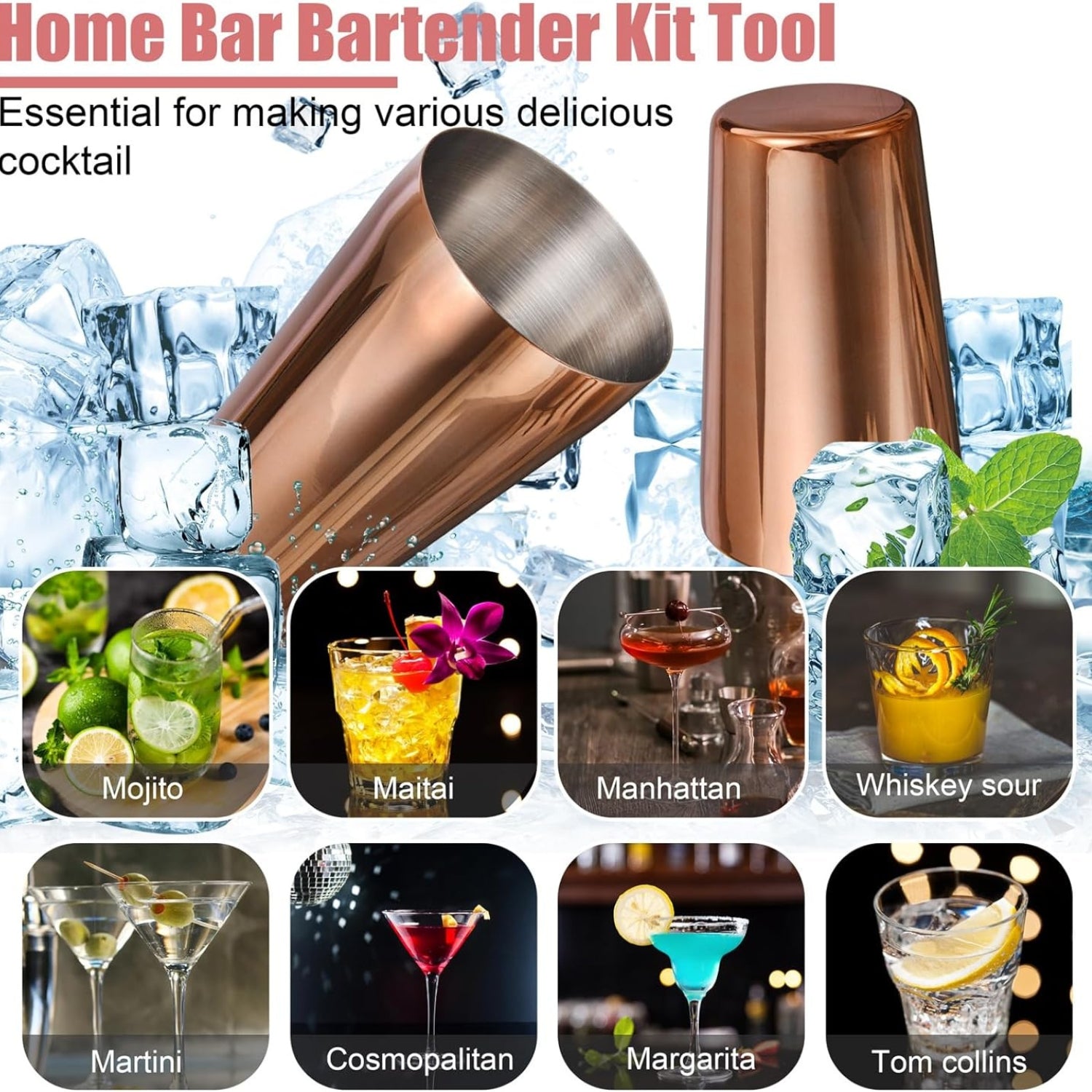 Cocktail Shaker Set Rosegold 550ML/750ML 12tlg Edelstahl Barkeeper Kit