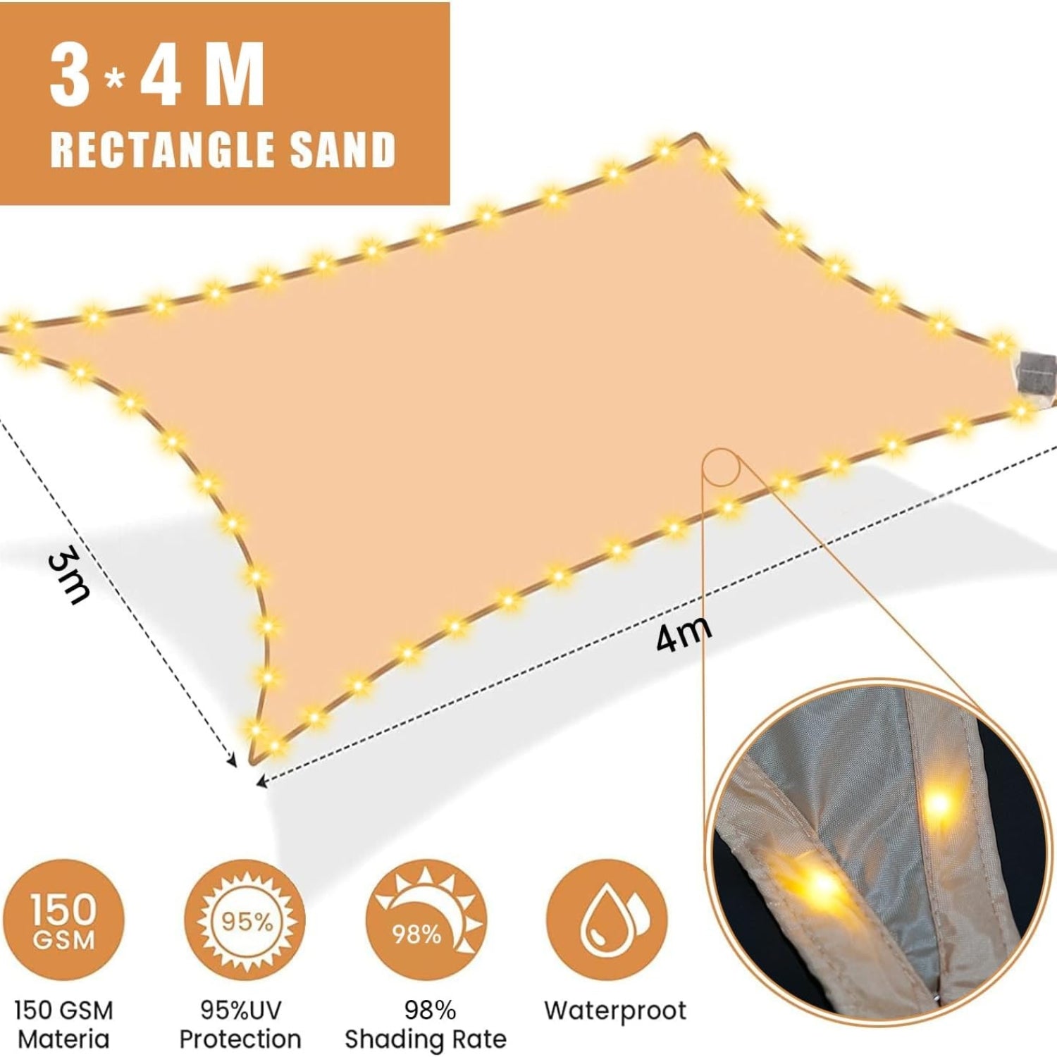 Sonnensegel Wasserdicht 3x4m mit Solar Lichterkette LED 98% UV-Schutz reißfest wetterfest für Terrasse Garten Rasen