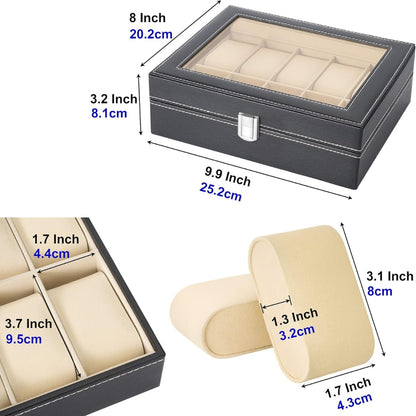 Uhrenbox für 10 Uhren mit Glasdeckel Samtfütterung PU-Leder Schwarz 25x20x8 cm
