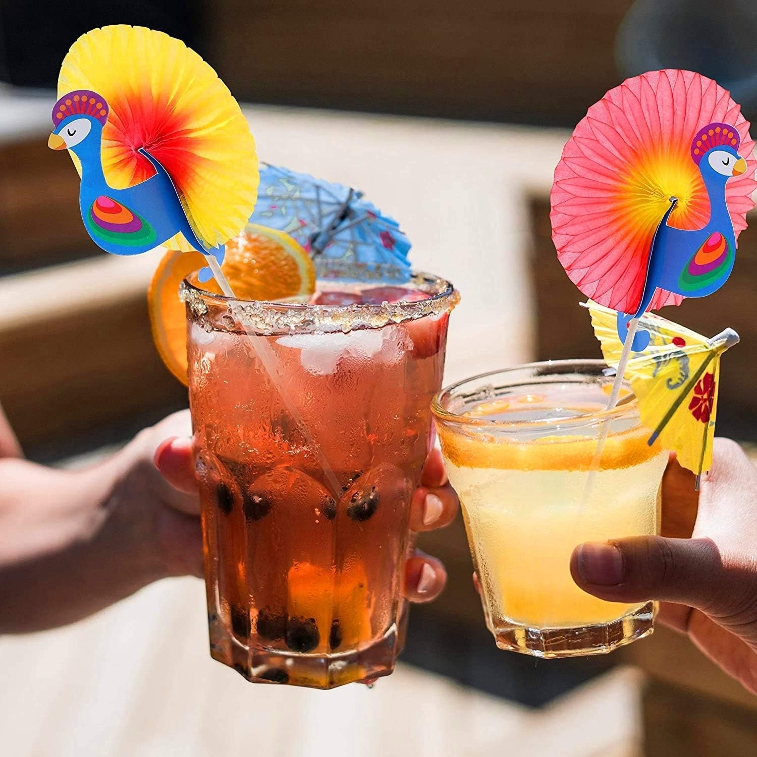 Party Zubehör Cocktail Deko Sticks 100 Stück Farbmischung Papier Pfau Form Tropical Drinks Fruchtetikett Pfau Cocktailspieße