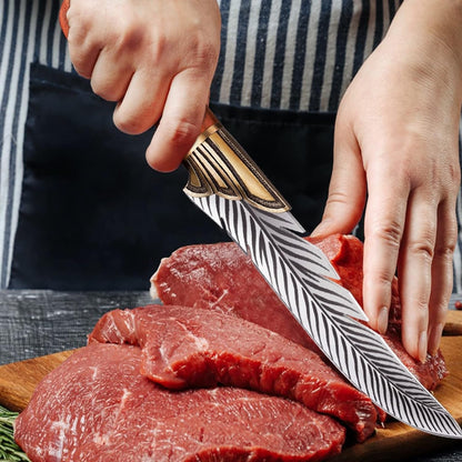 Feder Messer Ausbeinmesser Steakmesser Japanisches Kochmesser mit Holzgriff und Lederhülle für Outdoor Camping Fischen