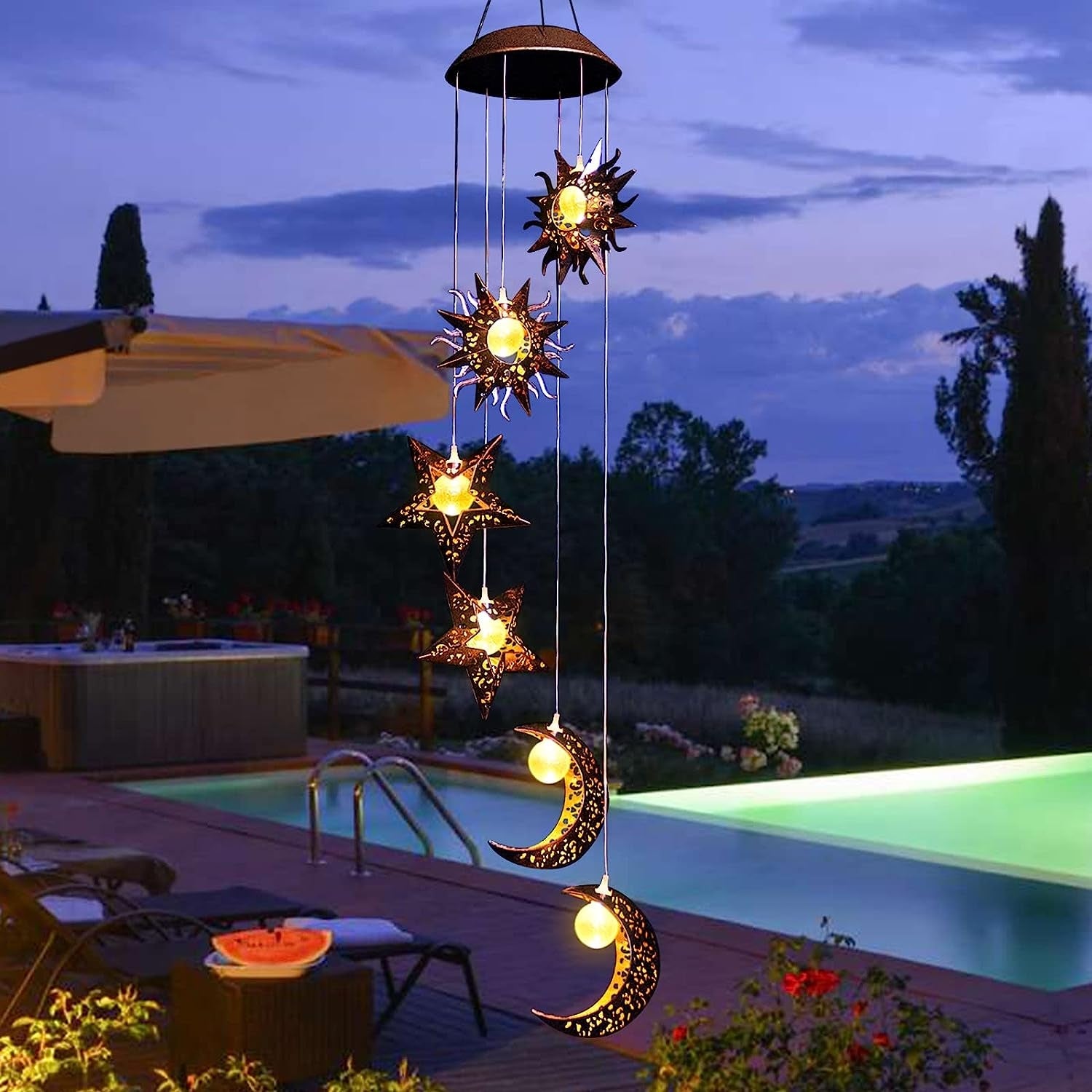 Solar Windspiele mit Sonne Mond Stern Laternen für Außen Warme LED Wasserdicht Hängend Garten Deko Solarleuchten für Dekoration Geschenke