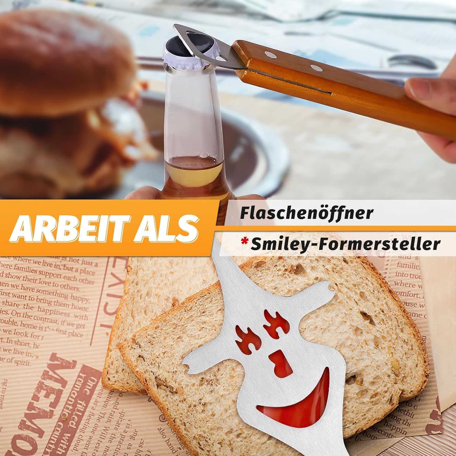 5-in-1 Fleischgabel für Barbecue Grill Geschenke für Männer Multifunktionales Grill Zubehör Edelstahl mit Grillbesteck-Set Funktion und Holzgriff