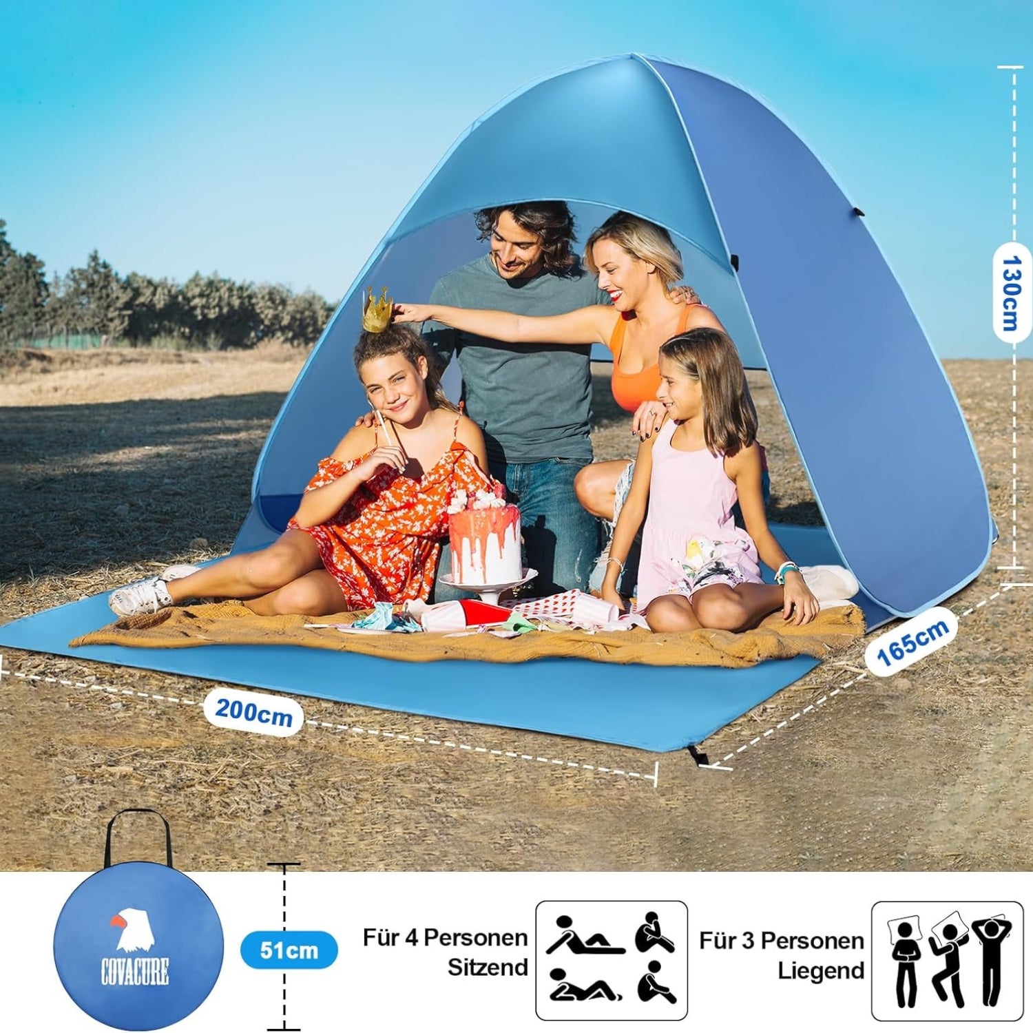Strandmuschel Pop Up Strandzelt XXL 200x165x130 cm für 3-4 Personen mit UV Schutz für Strand Park Camping UPF 50+ Schutz
