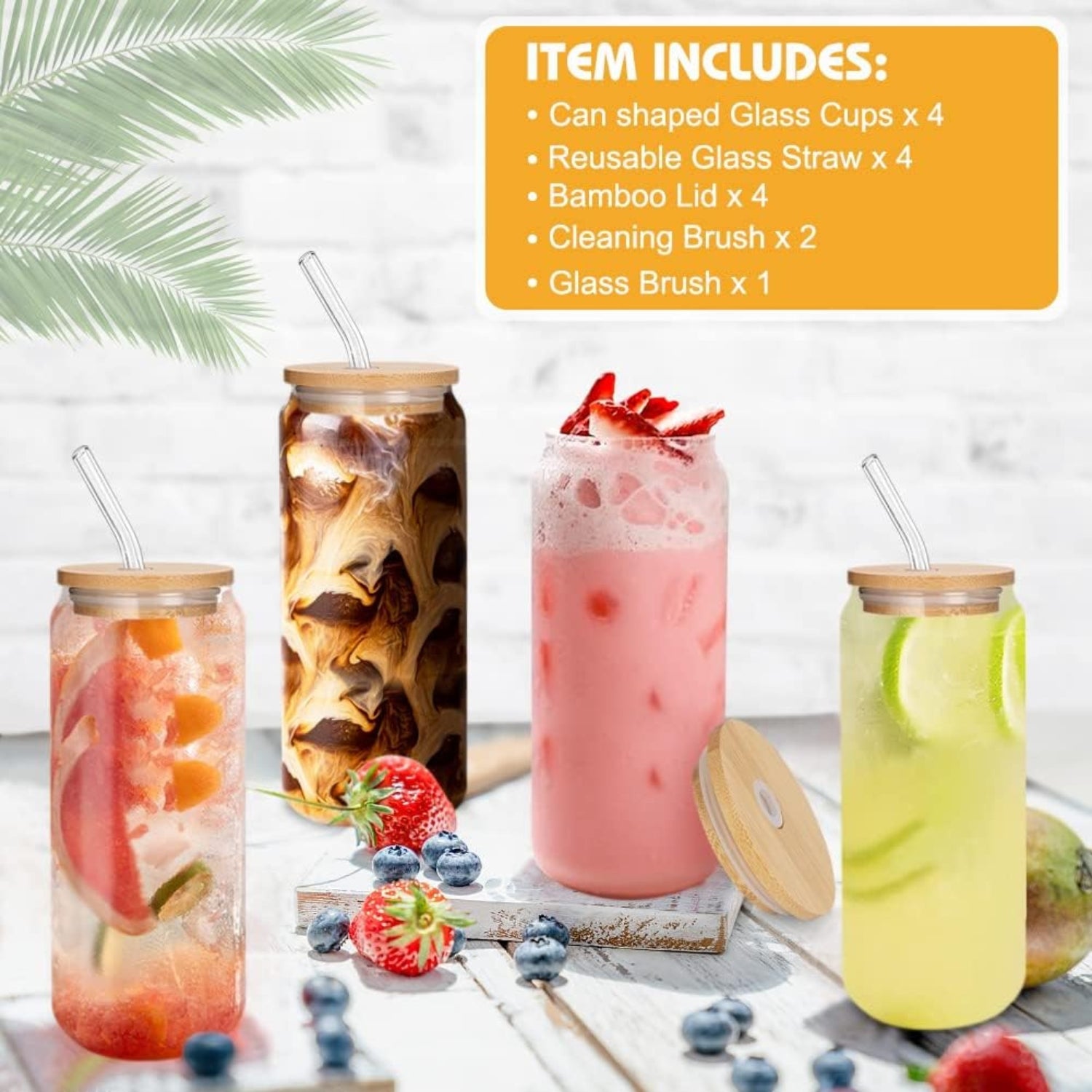 XXXL Cocktailgläser mit Deckel Set mit Glasstrohalme 660ml 4er Set Trinkgläser Wassergläser mit Reinigungsbürste spülmaschinenfest