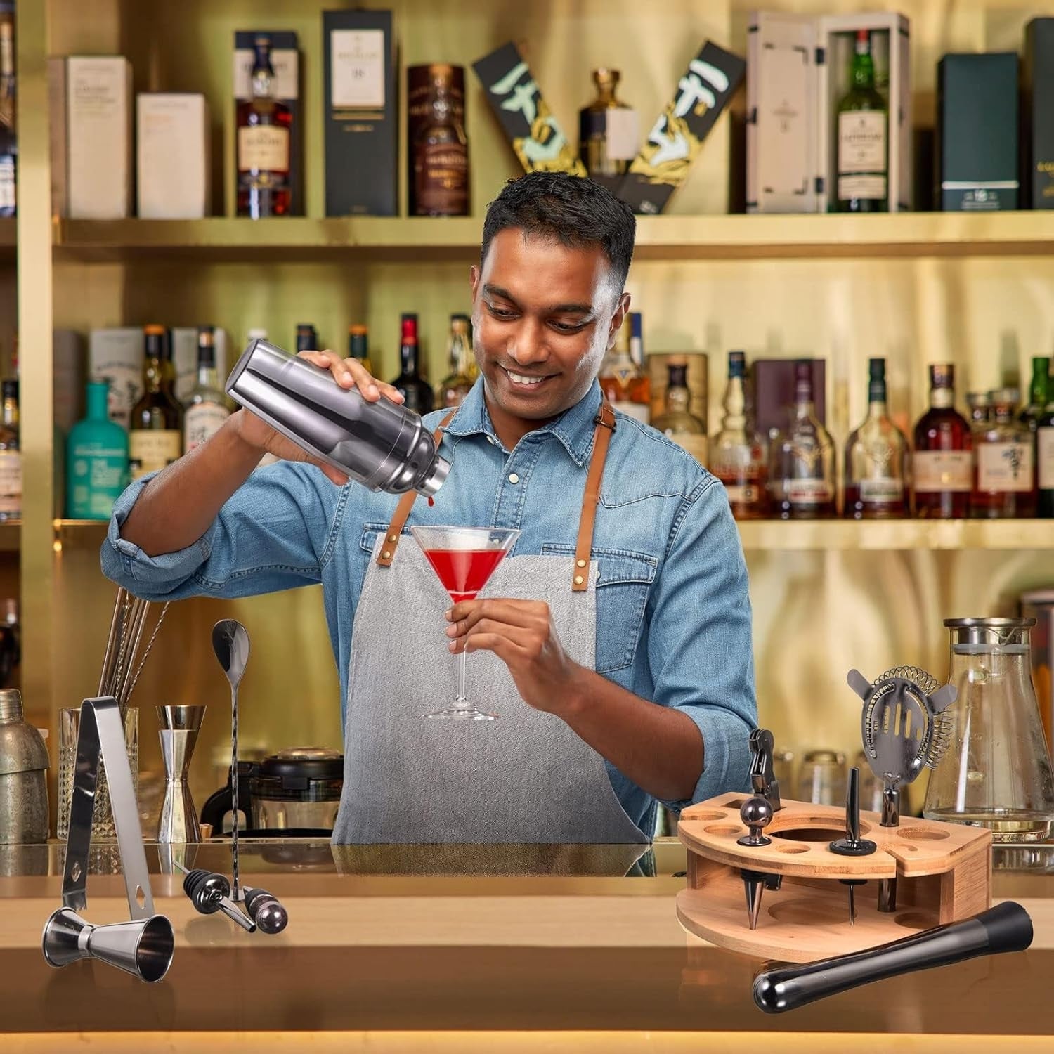 Cocktail Shaker Set 750ML Edelstahl 12tlg Barkeeper Kit mit Rezeptheft Grau