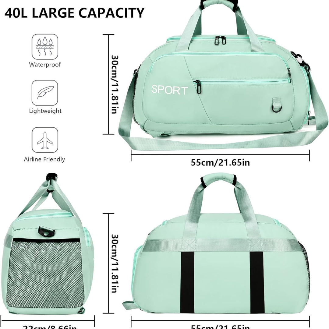 Sporttasche 40L Rucksack Wasserdicht Schuhfach Nassfach Grün