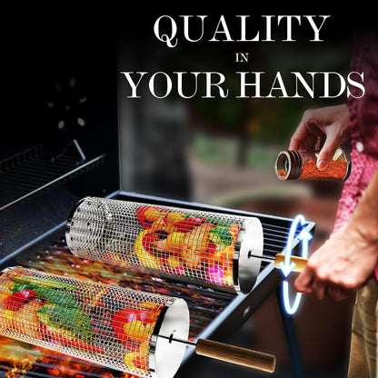 Rollendes Grillkorb Set mit Holzgriff 30cm Grill Zubehör Edelstahl Grillnetzrohr Außengrill für Gemüse 3 Stück Zylindrisch Platzsparend