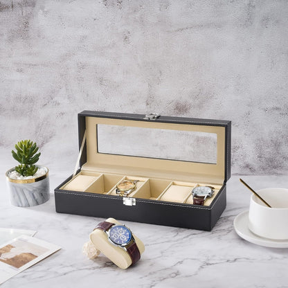 Uhrenbox für 6 Uhren PU-Leder Glasdeckel Samtfütterung Schwarz 30x10x7.5cm