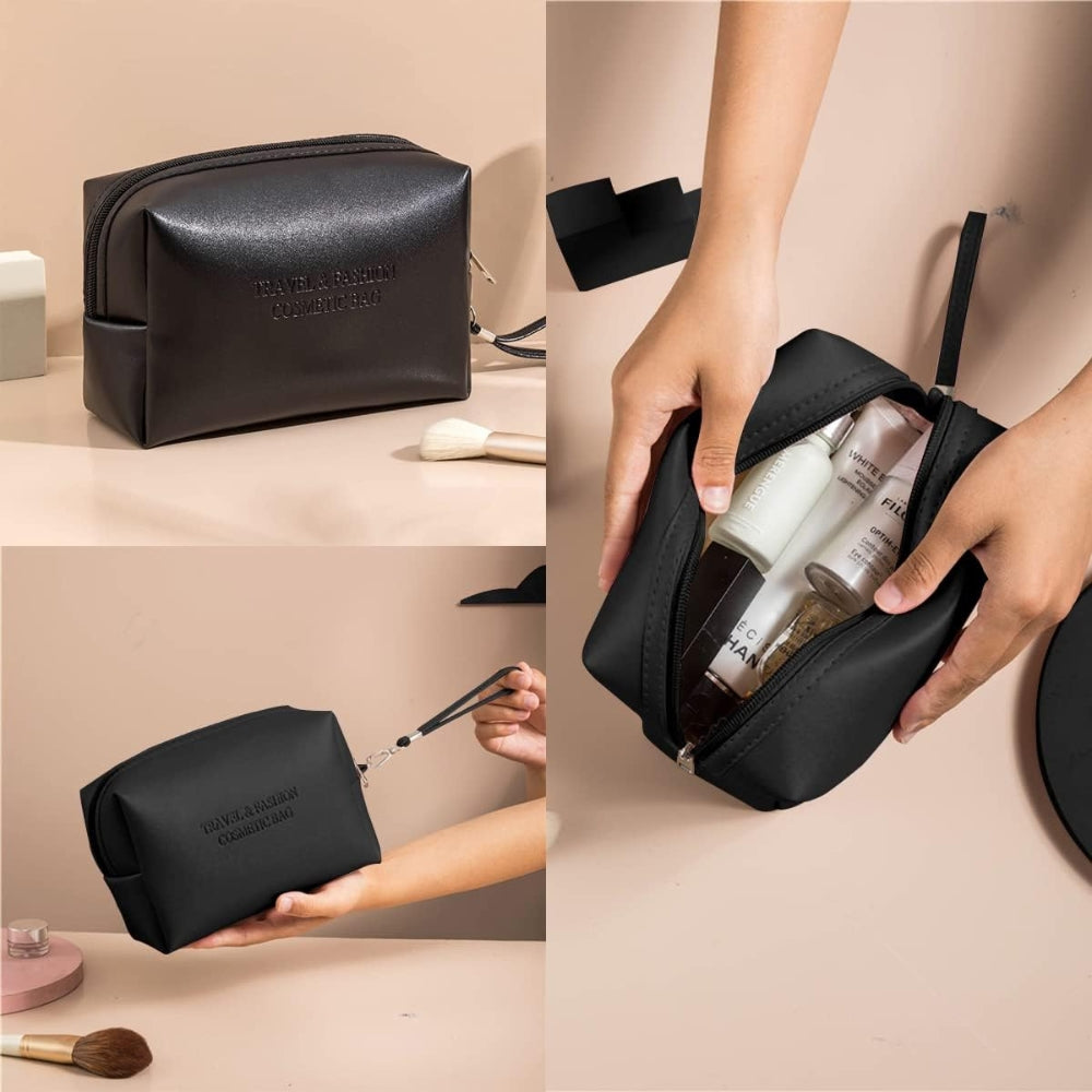 3er Kosmetiktasche Schwarz PU Wasserdicht Reise Set Versch Größen