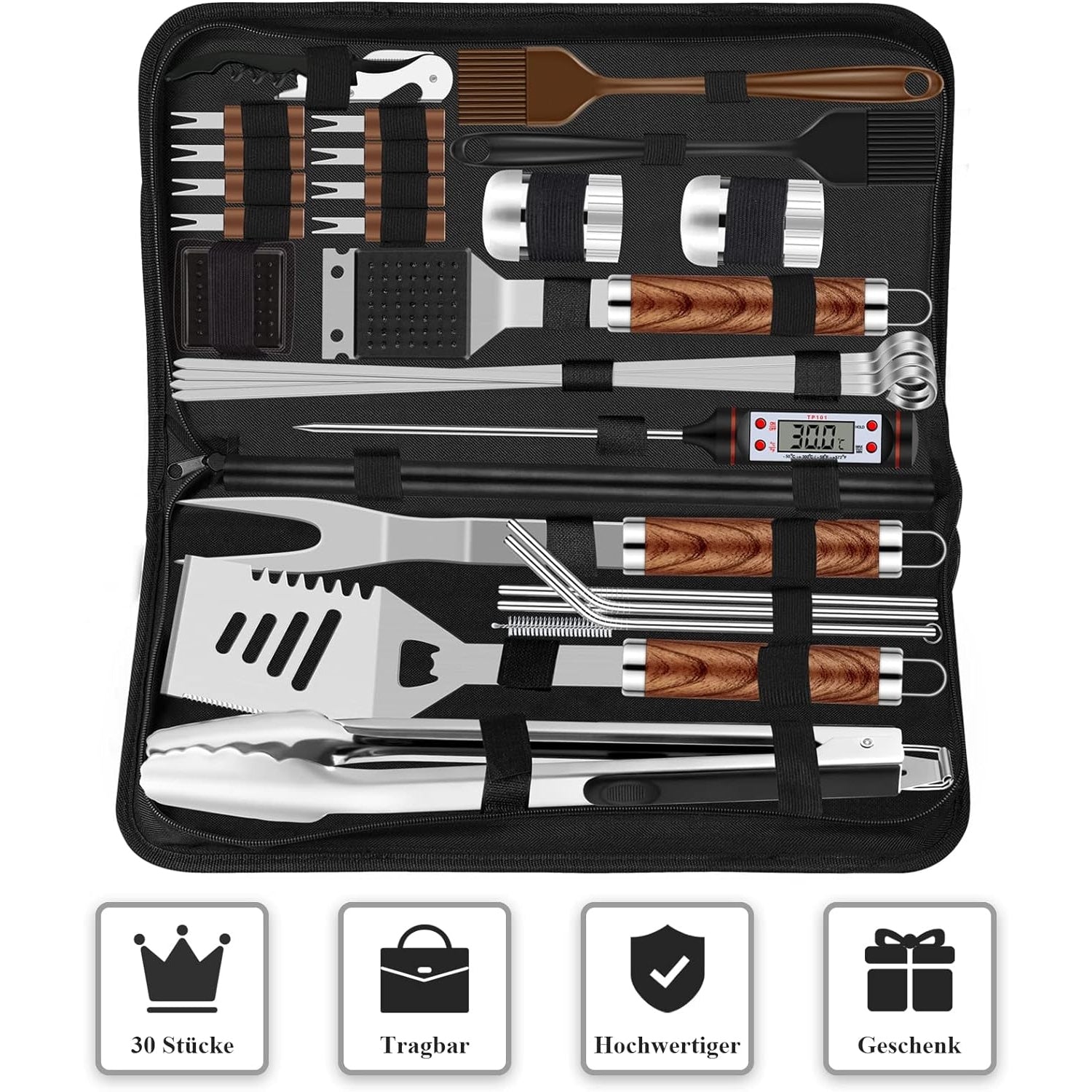Grillbesteckset Edelstahl 30tlg Geschenke für Männer Campingzubehör Grillzubehör
