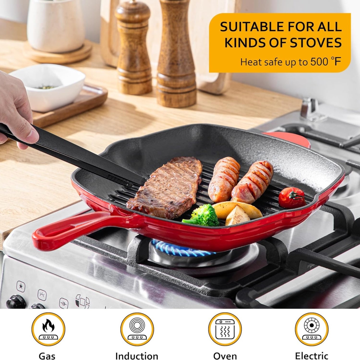 Premium Gusseisen Pfanne Grillpfanne Emailliert Rot Ohne Beschichtung Leicht zu Reinigen für Induktion Herd Backofen Gasgrill