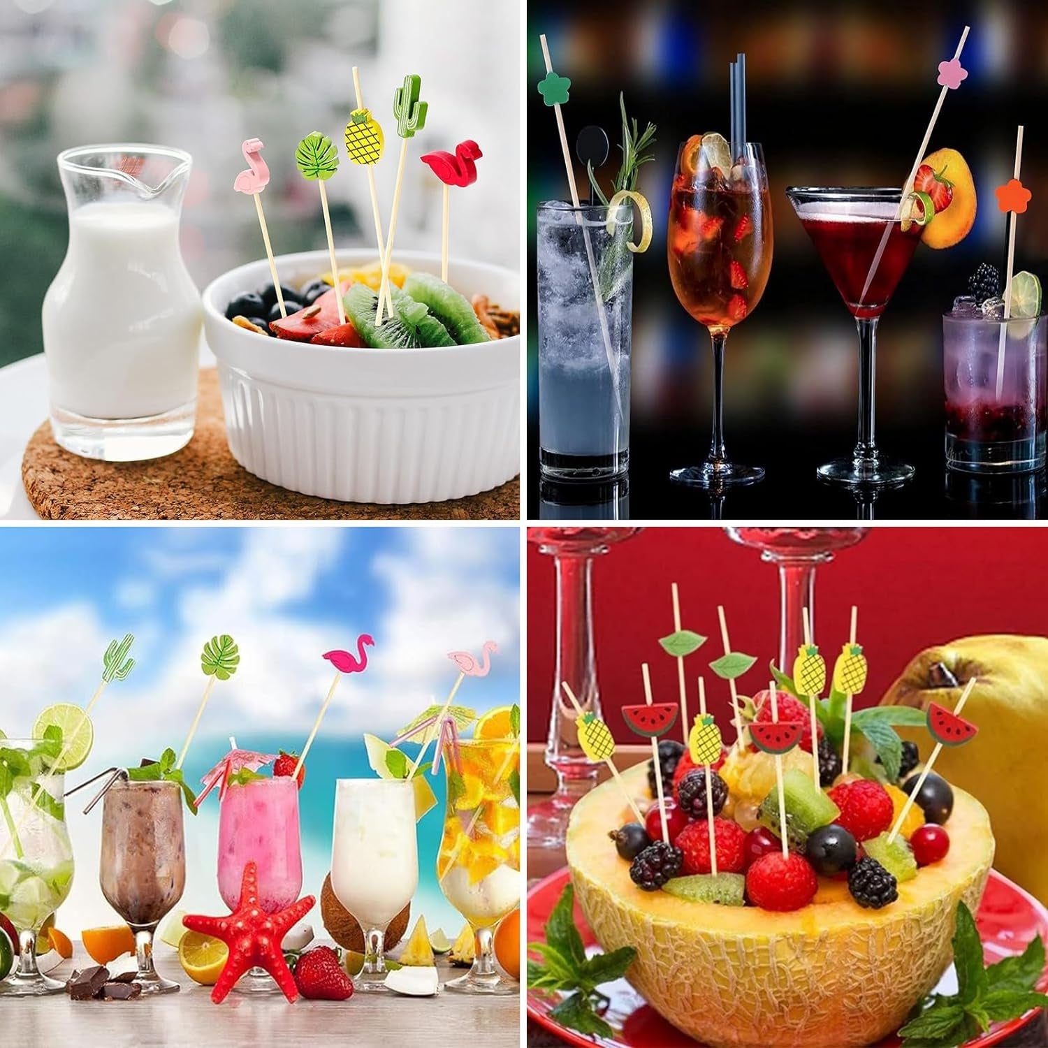 Cocktail Zubehör 300 Stück Cocktail Picks Holz Zahnstocher Bunt Herz Wassermelone Ananas Flamingo Kaktus Blumenm Party Kinder Bar Deko Set