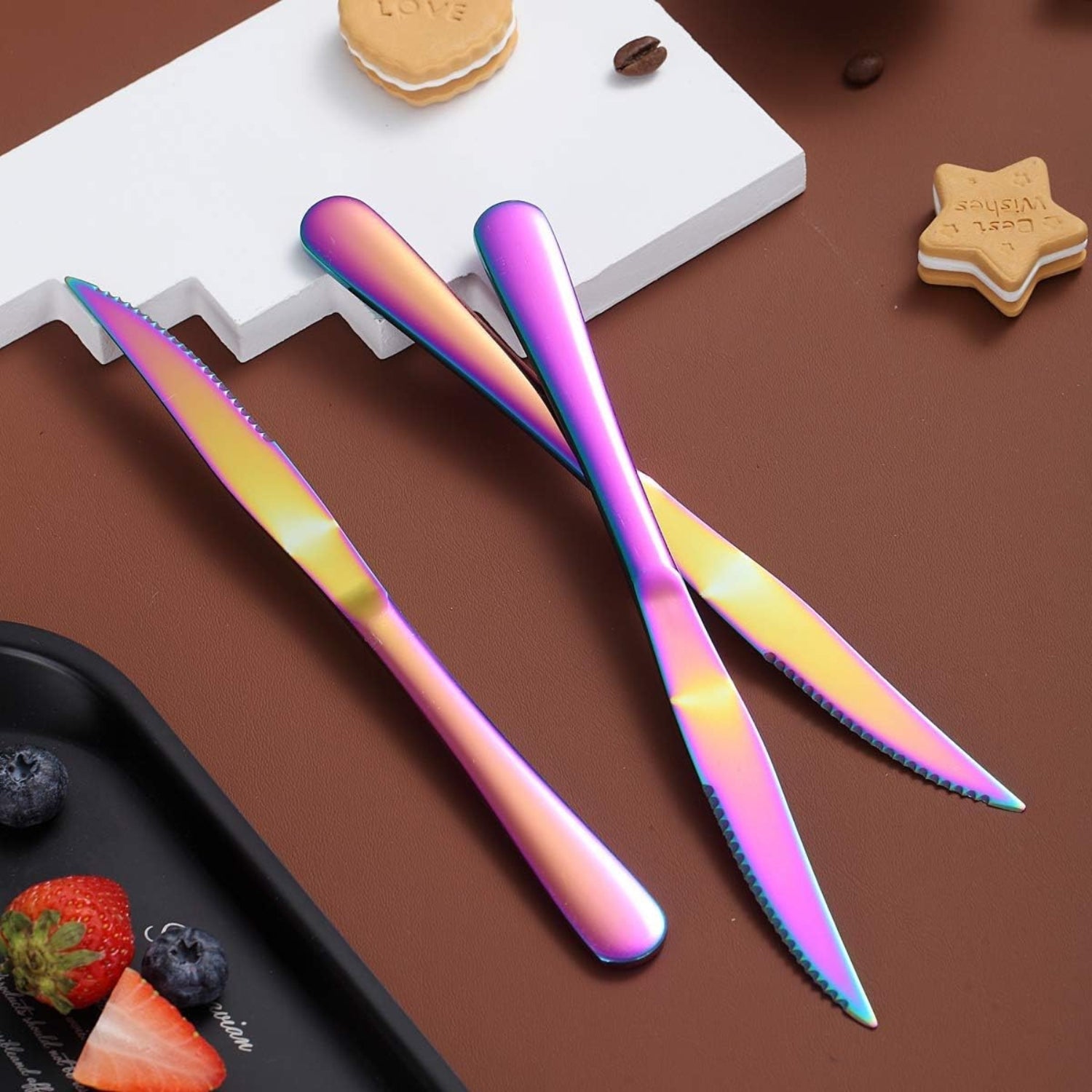 Regenbogen Steakmesser Set 8tlg Edelstahl Scharfe Zahnklinge Titanium Beschichtung Leicht Reinigbar Robuster Hochzeit Spülmaschinenfest Besteck
