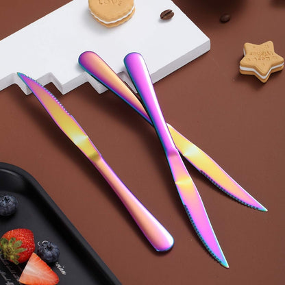 Regenbogen Steakmesser Set 8tlg Edelstahl Scharfe Zahnklinge Titanium Beschichtung Leicht Reinigbar Robuster Hochzeit Spülmaschinenfest Besteck