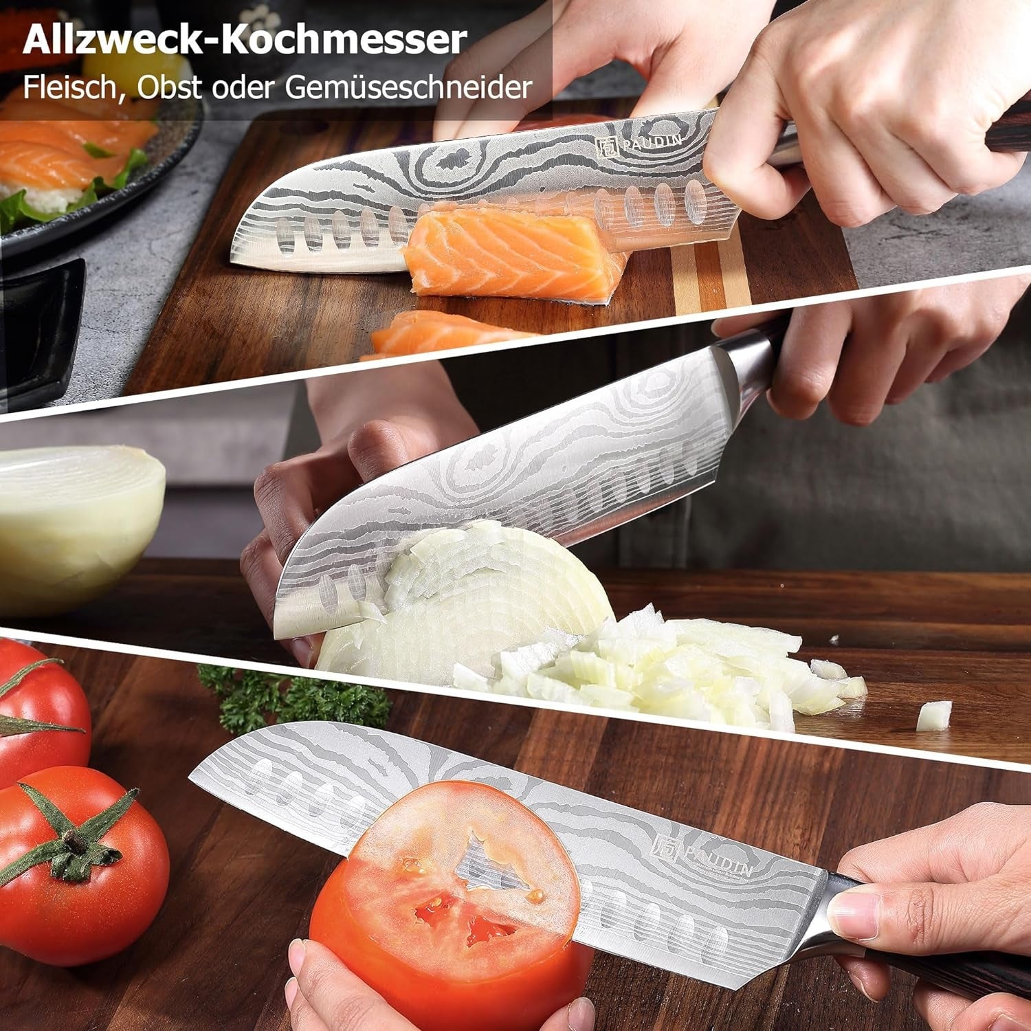 Santokumesser Klingenlänge 17 cm Kochmesser aus deutschem Messerstahl Sushi Messer Küchenmesser mit ergonomischem Griff für Haus und Restaurant