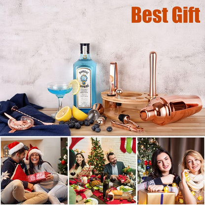 Cocktail Shaker Set 750ML 12tlg Edelstahl RoséGold + Bambusständer Zubehör Kit