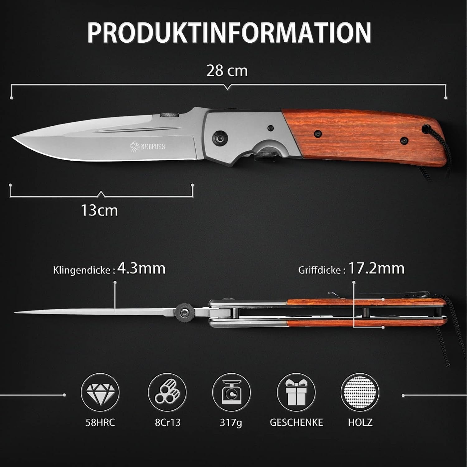 Klappmesser Einhandmesser 28cm Holzgriff Scharfes Taschenmesser Outdoor Messer