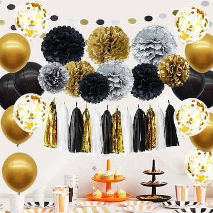 Ballons Gold Schwarz Party Dekoration Set 57 Stück Luftballons Papier Blumen