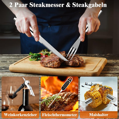 Premium Grillbesteckset aus Edelstahl 26tlg Grill Zubehör Geschenke für Männer