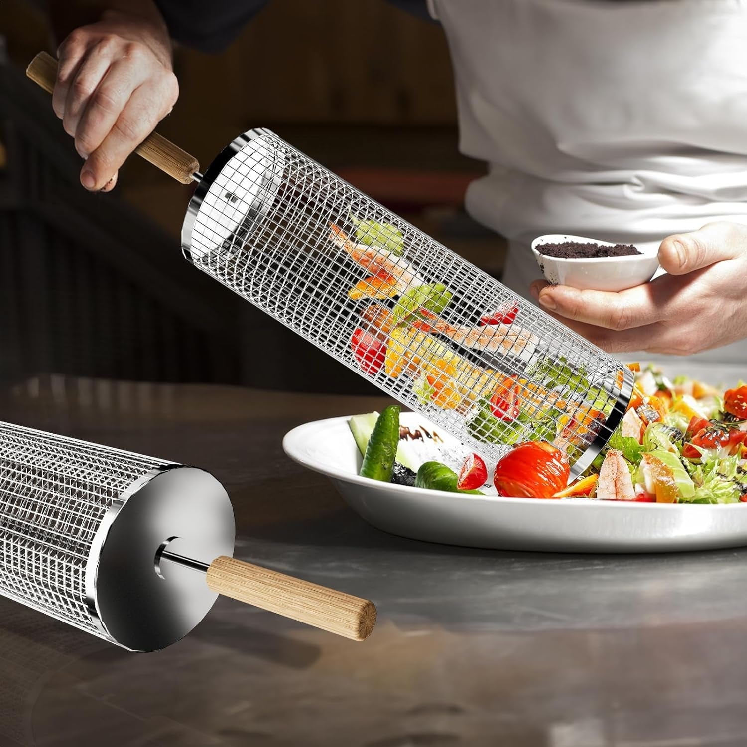Grillkorb Edelstahl Zylinder 2er Set für Grill Zubehör Drehspieß mit Holzgriff