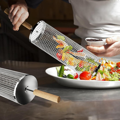 Grillkorb Edelstahl Zylinder 2er Set für Grill Zubehör Drehspieß mit Holzgriff