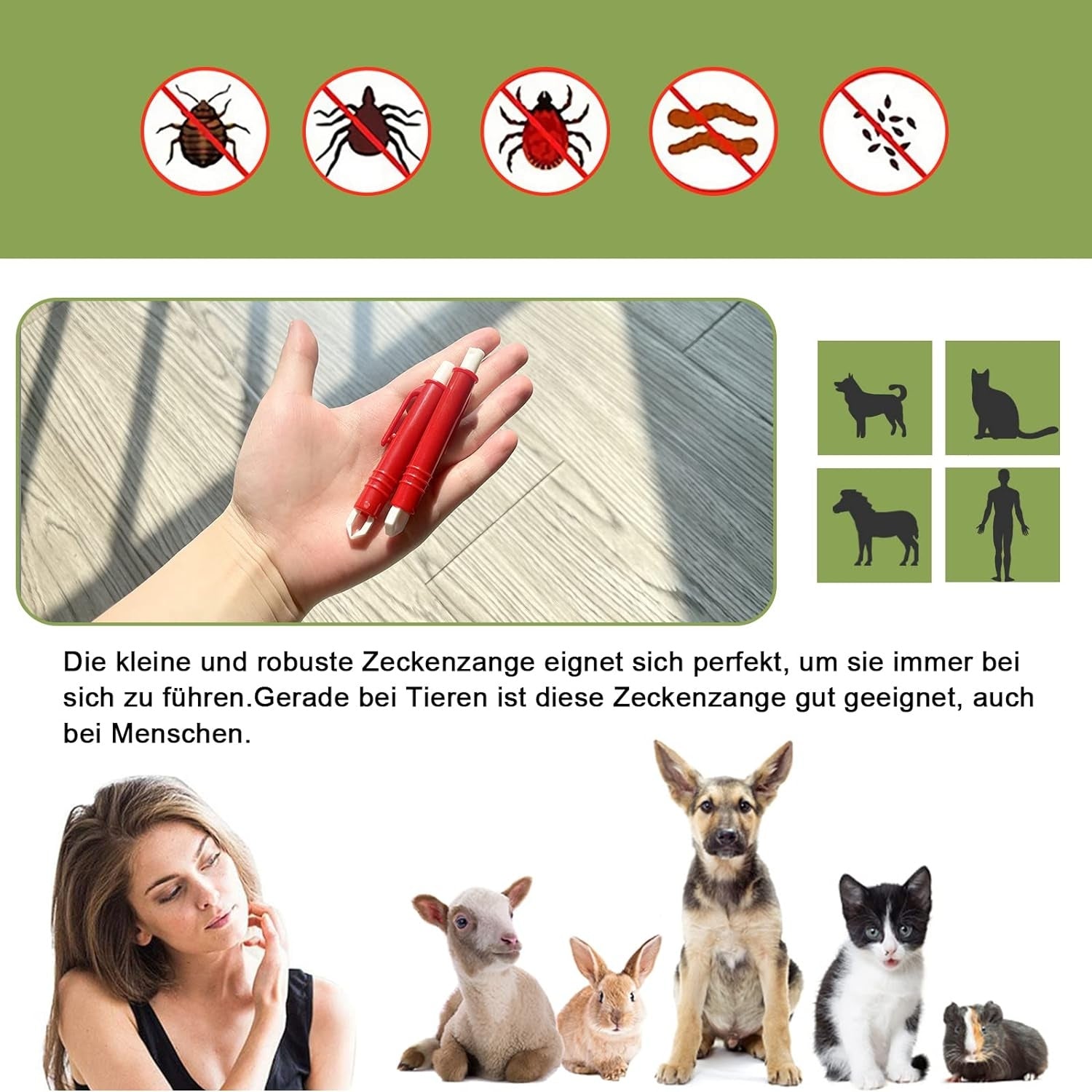 Zeckenzange für Hunde Katze Mensch 2er Set Zeckenpinzetten rot