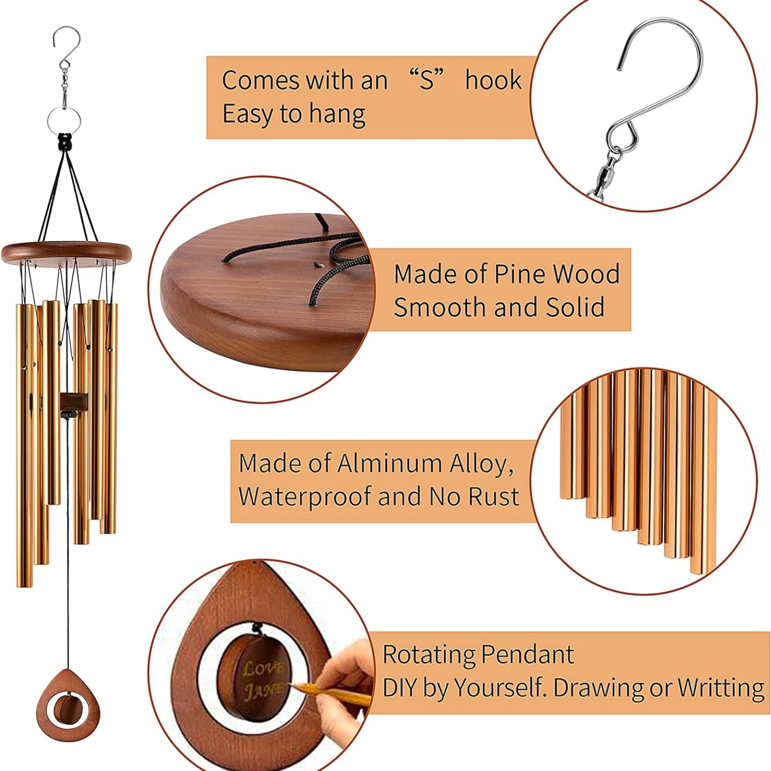 Windspiel Gold Groß 81cm 6 Aluminiumrohre Tiefe Töne Draußen Drinnen