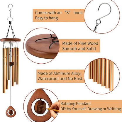 Windspiel Gold Groß 81cm 6 Aluminiumrohre Tiefe Töne Draußen Drinnen