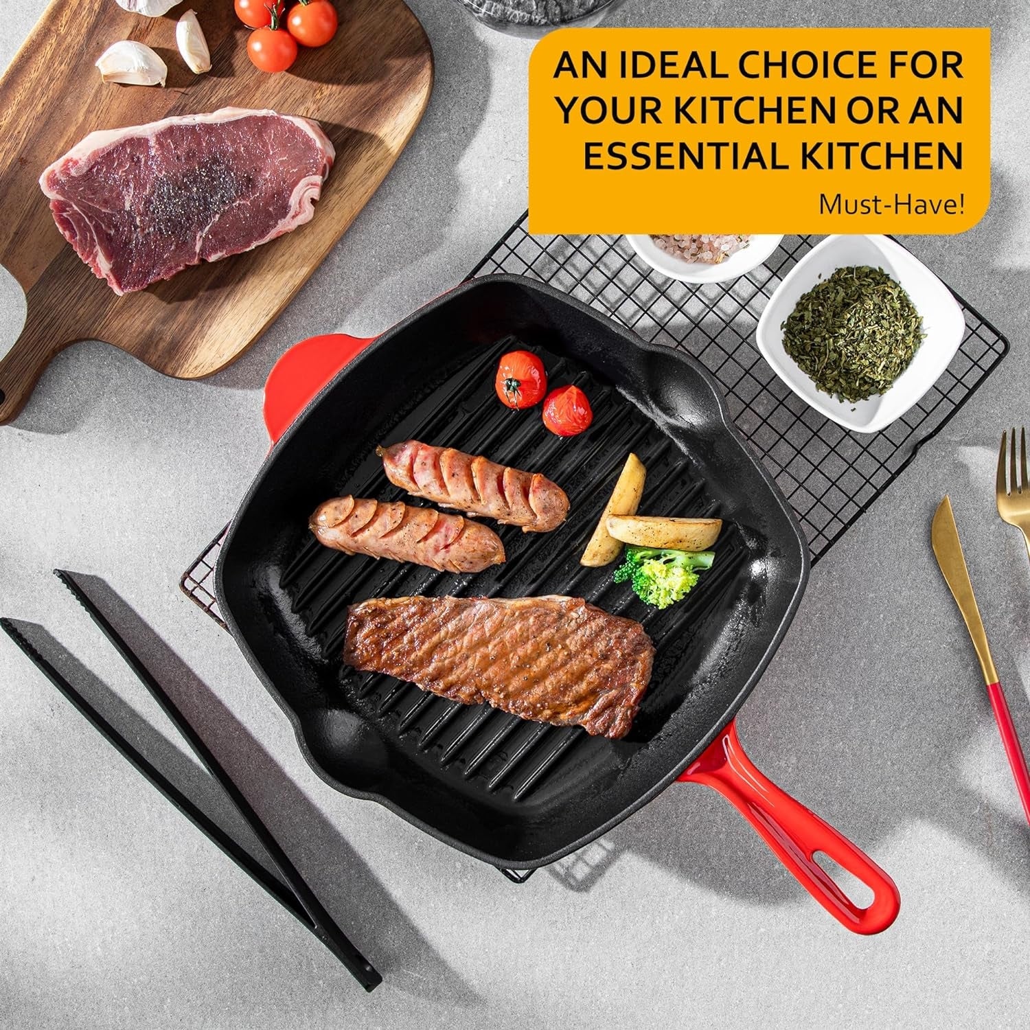 Grillpfanne Gusseisen Premium Ohne Beschichtung für Steak & BBQ Emailliert Rot