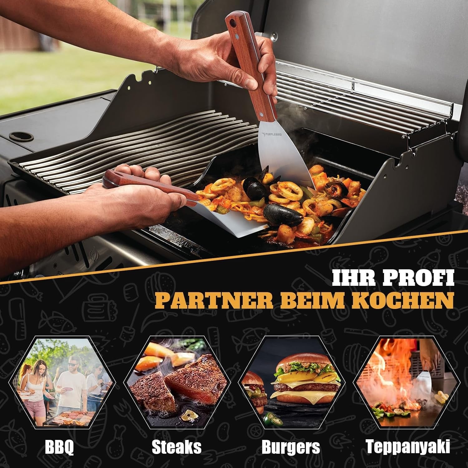 Edelstahl Plancha Set Grillspachtel mit Groß Wender Grillzubehör Männer Geschenk