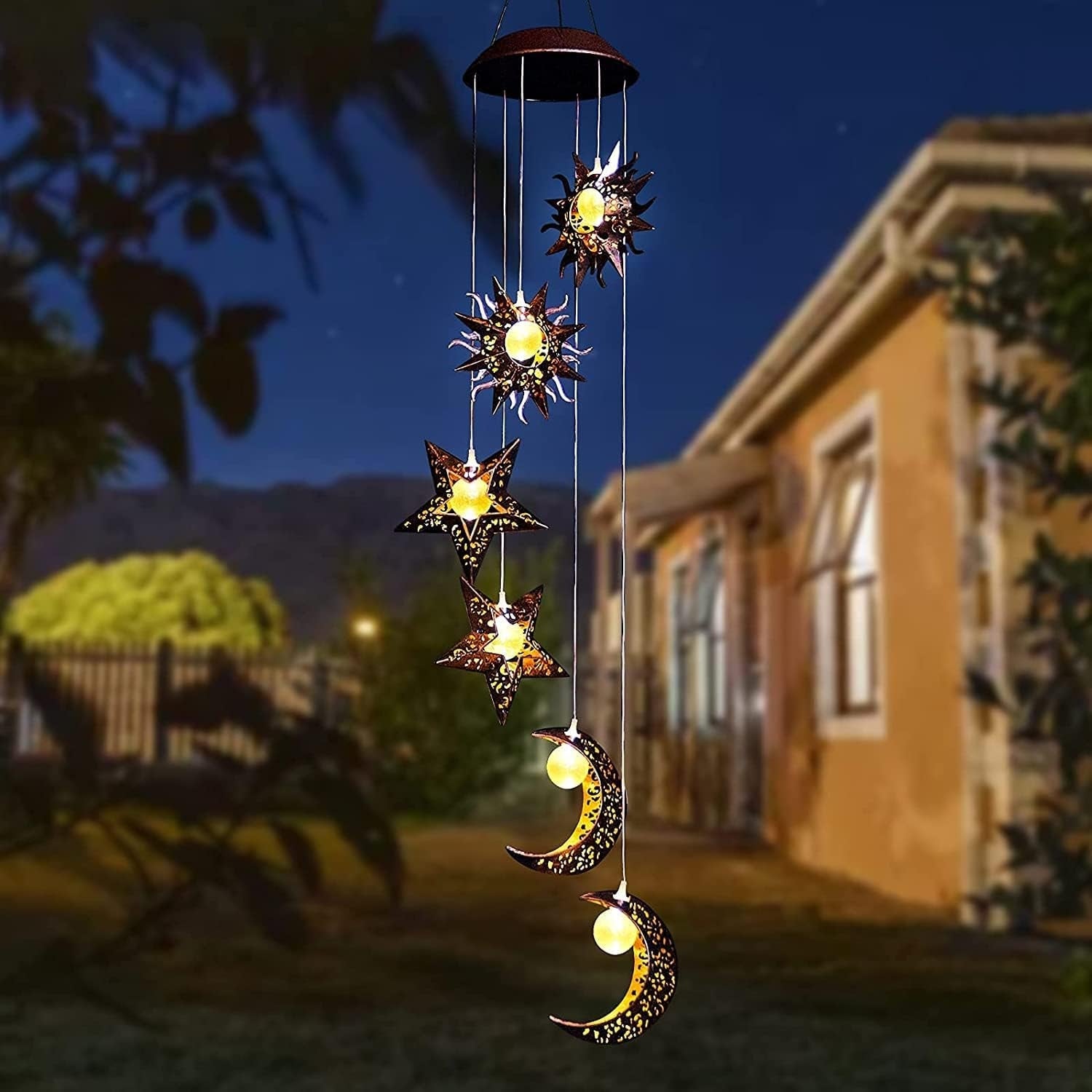 Hängende Solar Windspiele Sonne Mond Stern LED Garten Dekoration Wasserdicht