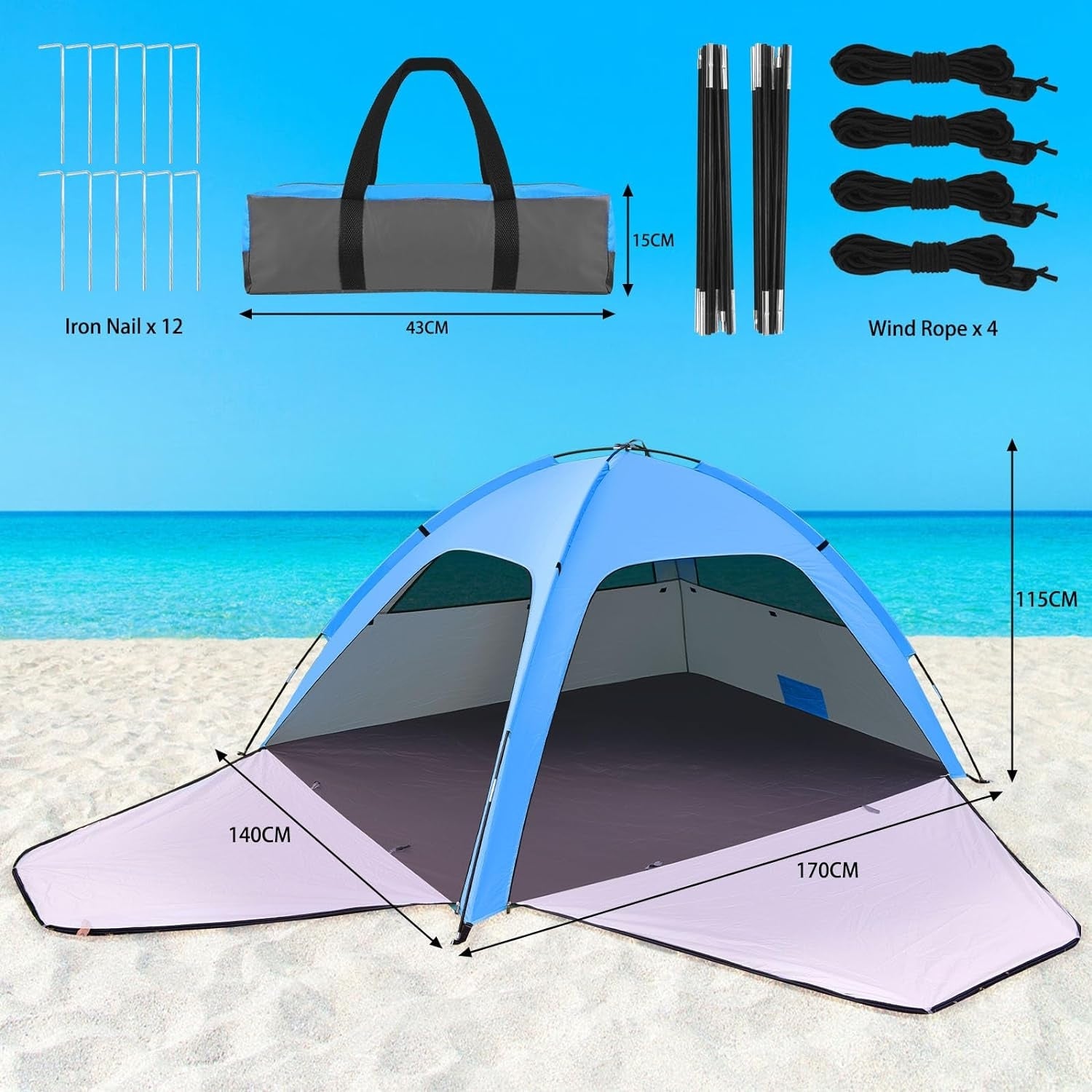 Strandmuschel Pop Up Strandzelt 1-3 Personen UV Schutz 80+ mit Türen und Fenster