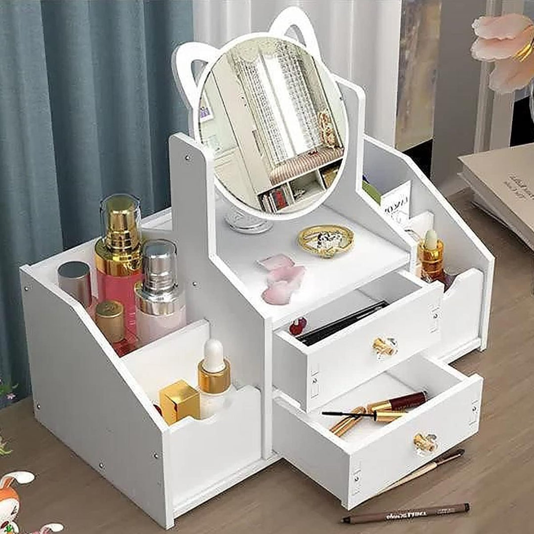 Make up Organizer Weiß mit Rundem Spiegel Schublade Schminktisch Kosmetik