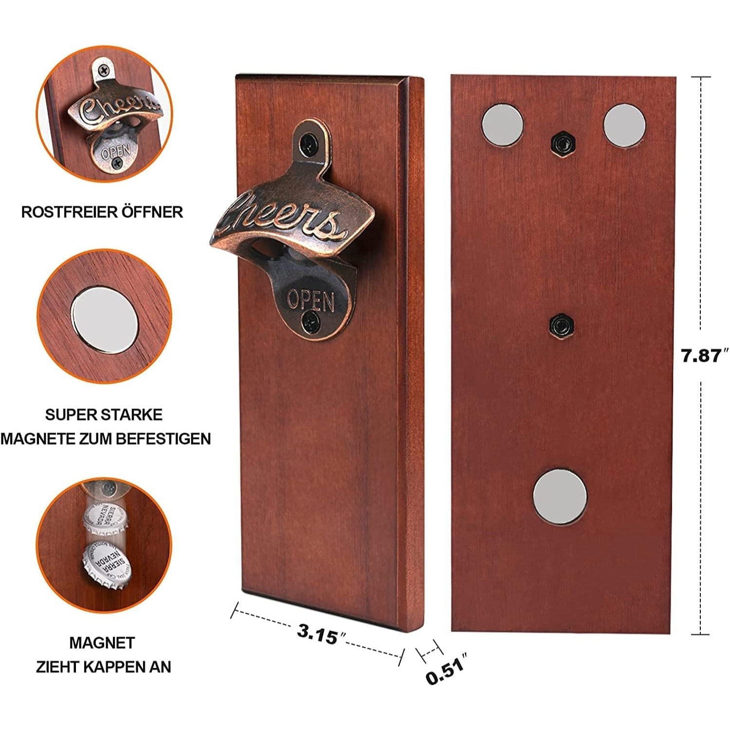 Vintage Holz Wandflaschenöffner mit Magnet Schraubenlos Geschenke für Männer