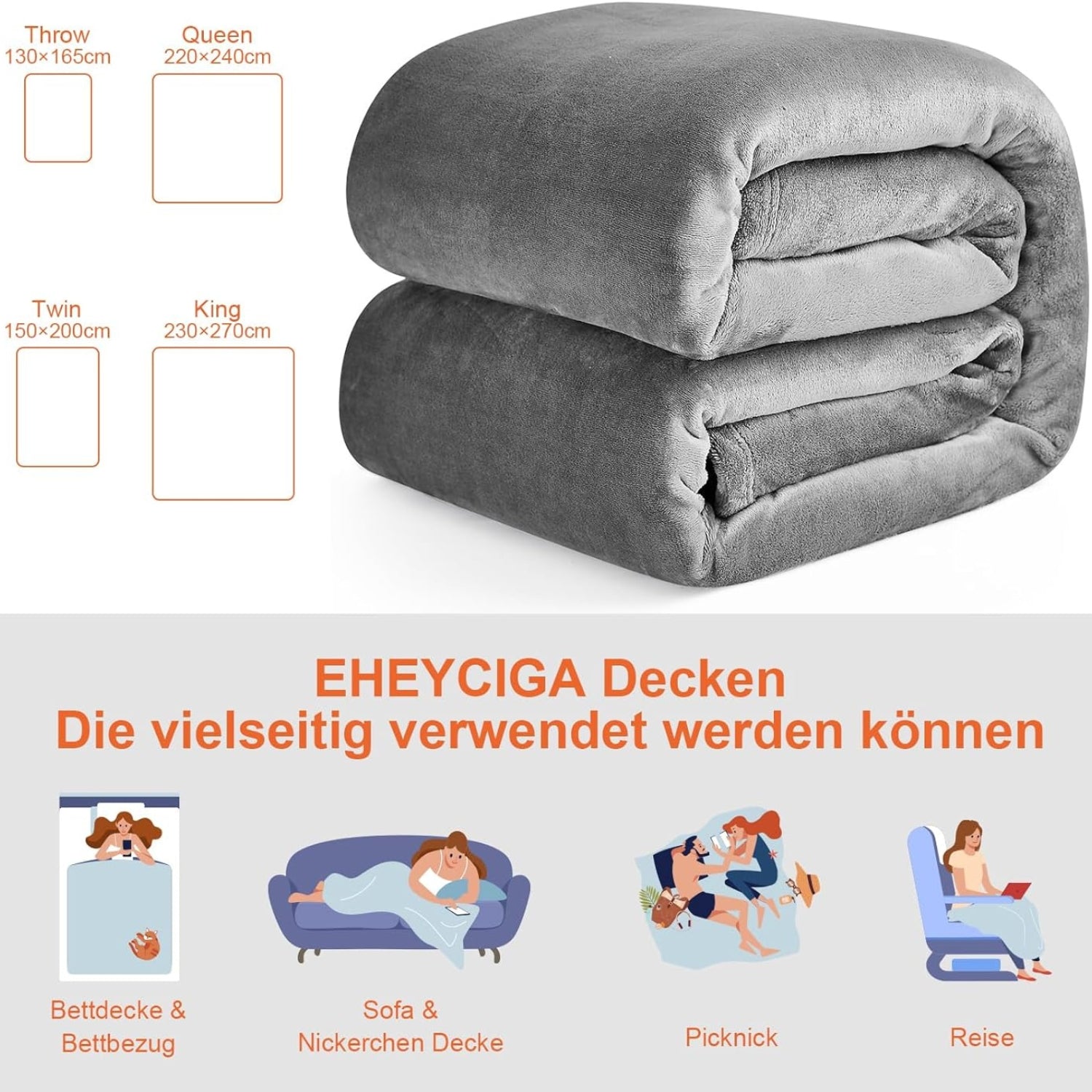 Kuscheldecke flauschig Grau weiche warme Fleecedecke 150x200 Decke Sofadecke