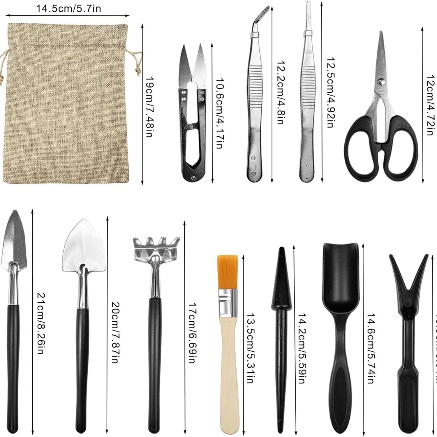 Bonsai Gartenwerkzeug Set 13tlg mit Scheren Pinzetten Schaufeln und Tasche