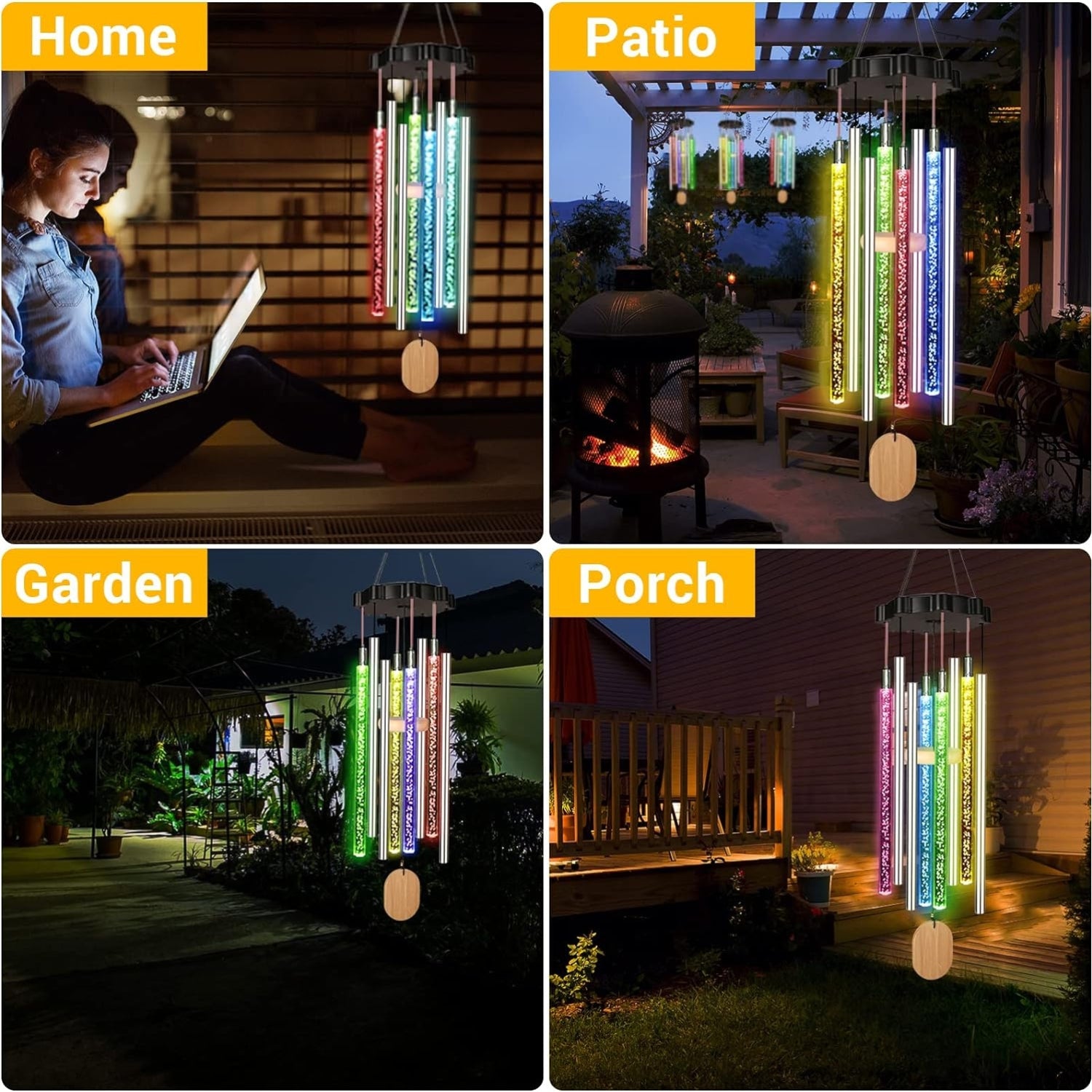 Buntes Solar Windspiel mit Aluminiumrohren 4 LED Draußen Wasserdicht Deko