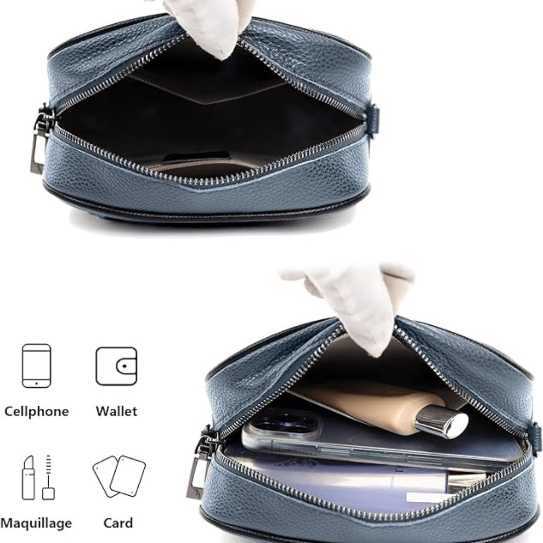 Umhängetasche Damen Echt Leder Blau Kleine Crossbody Breiter Gurt
